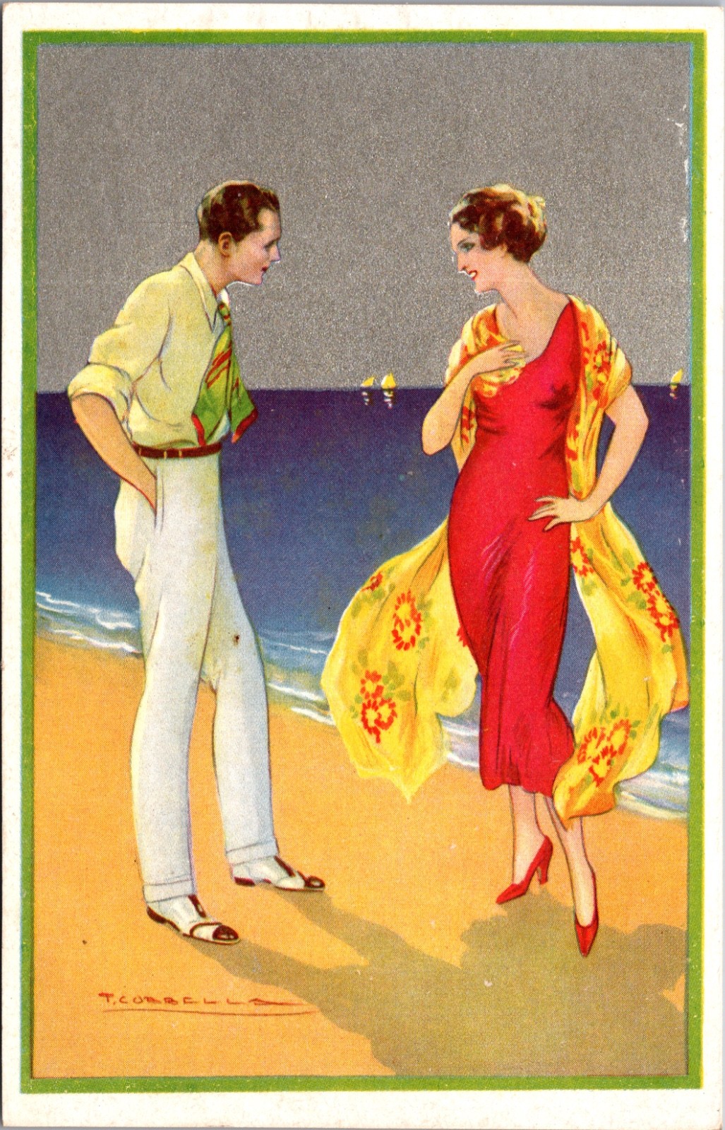 Art Deco Beach Fashion Couple Italian Postcard T Corbella c1930s