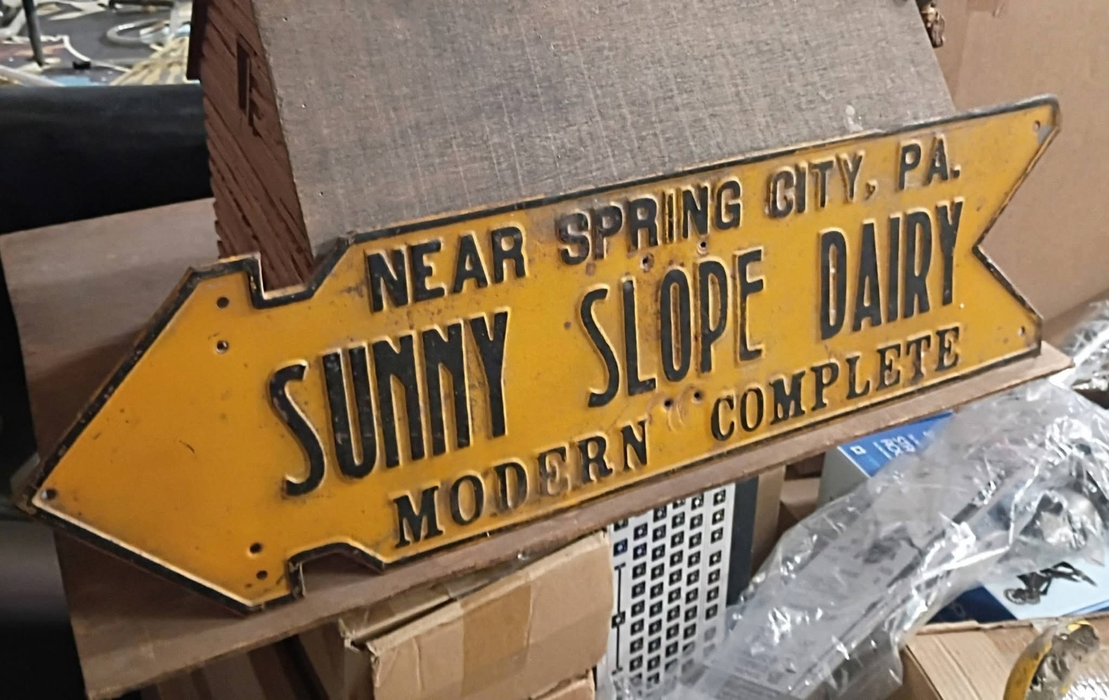 Vintage 1950-60s Sunny Slope Dairy Embossed Metal Tin Arrow Sign Spring City PA