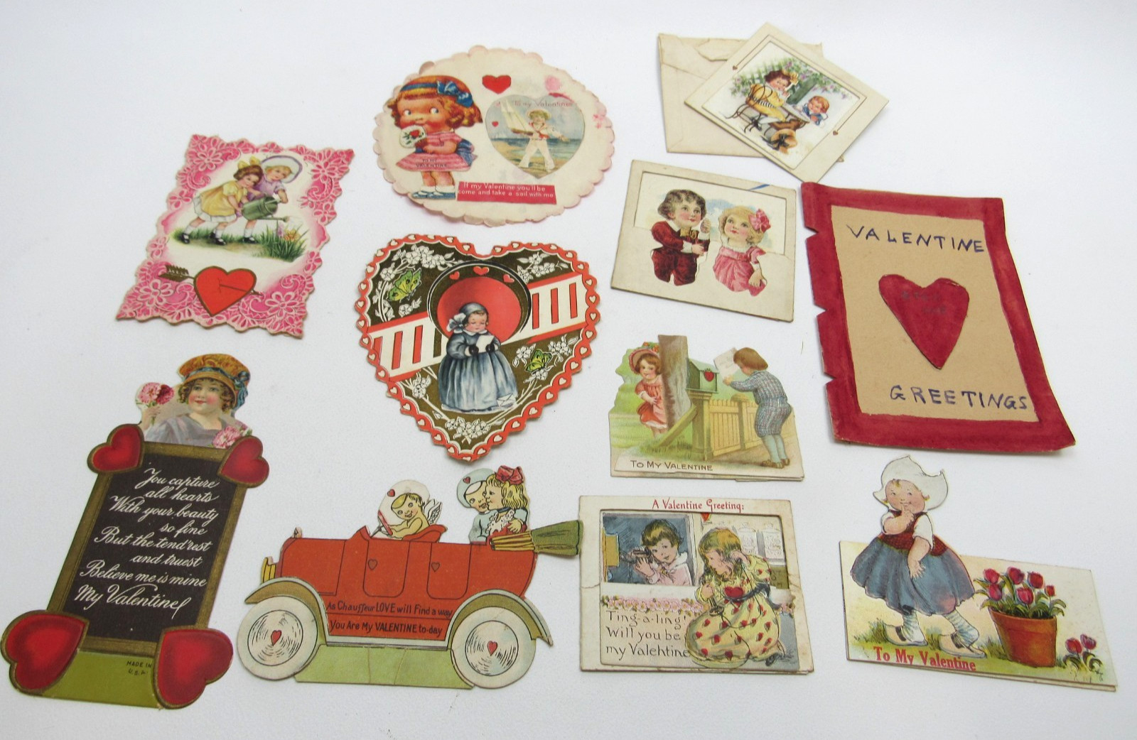 Antique Valentine Card Lot 1910s 1920s Whitney Car Cut Out Handmade Victorian