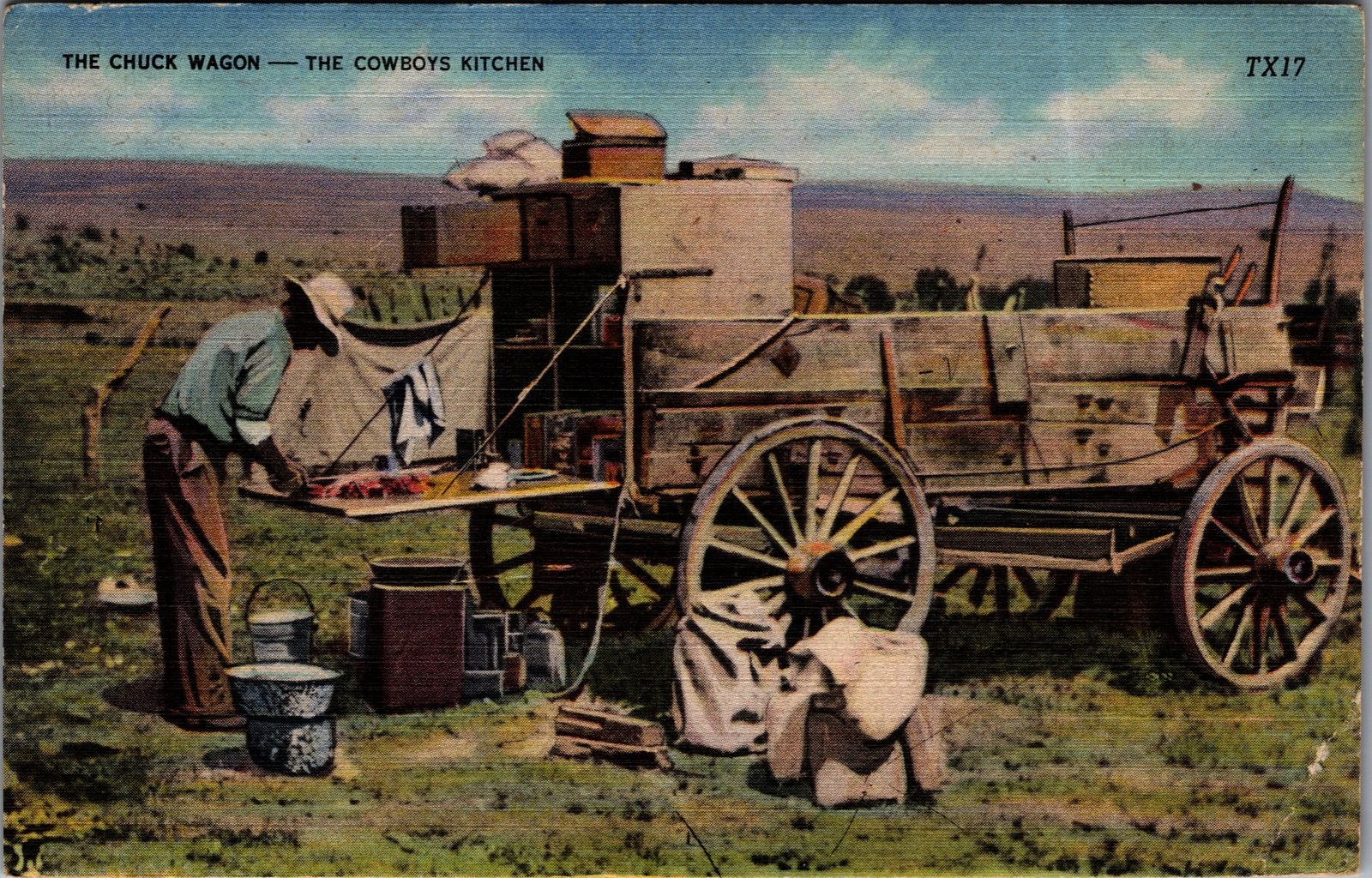 Vintage 1940s Texas The Chuck Wagon Cowboys Kitchen Linen Postcard Unused