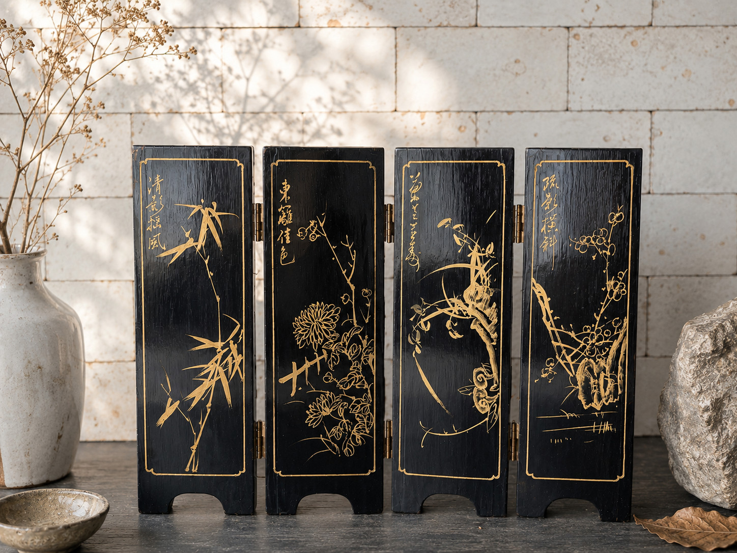 VTG Oriental Asian 4 Panel Black Lacquer Screen Mother of Pearl Geisha Girls