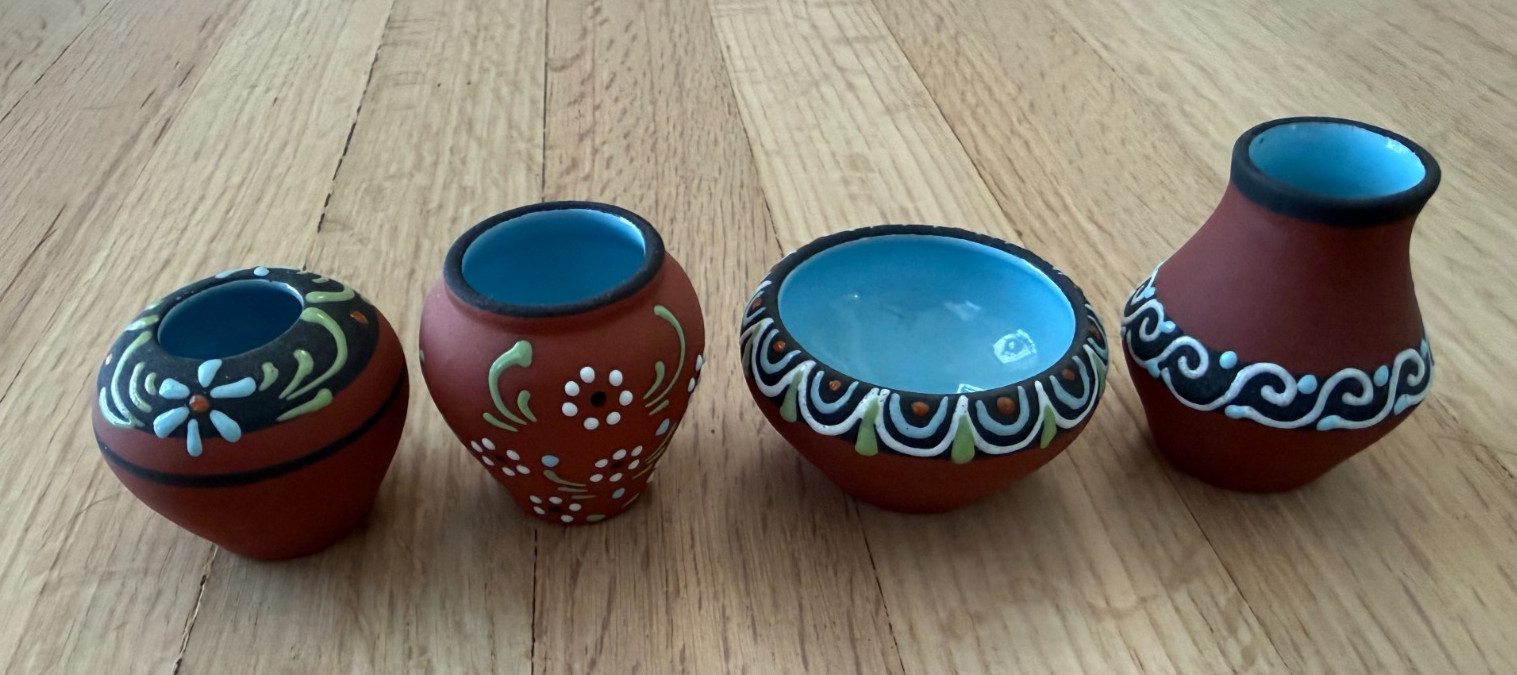Set/4 Vtg MEXICAN FOLK ART Miniature Pottery Red Clay Terra Cotta Hand Painted Set/4 Vtg MEXICAN FOLK ART Miniature Pottery Red Clay Terra Cotta Hand Painted