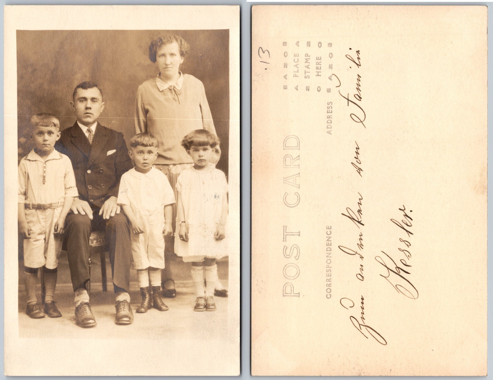 Vintage RPPC Family Portrait Photo Postcard Man Woman 3 Children Hessler