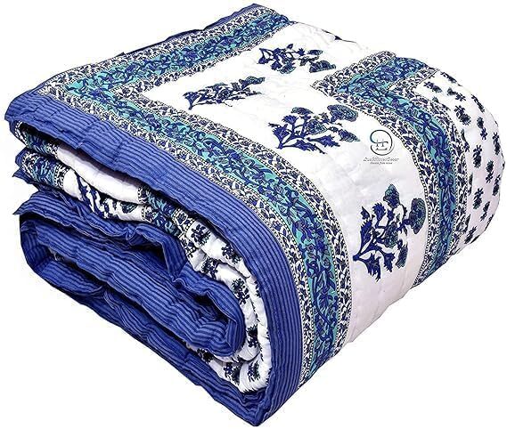 Indian Floral Print Quilt, Handmade Organic Cotton Fill Quilt,Queen-[90X105]Inch