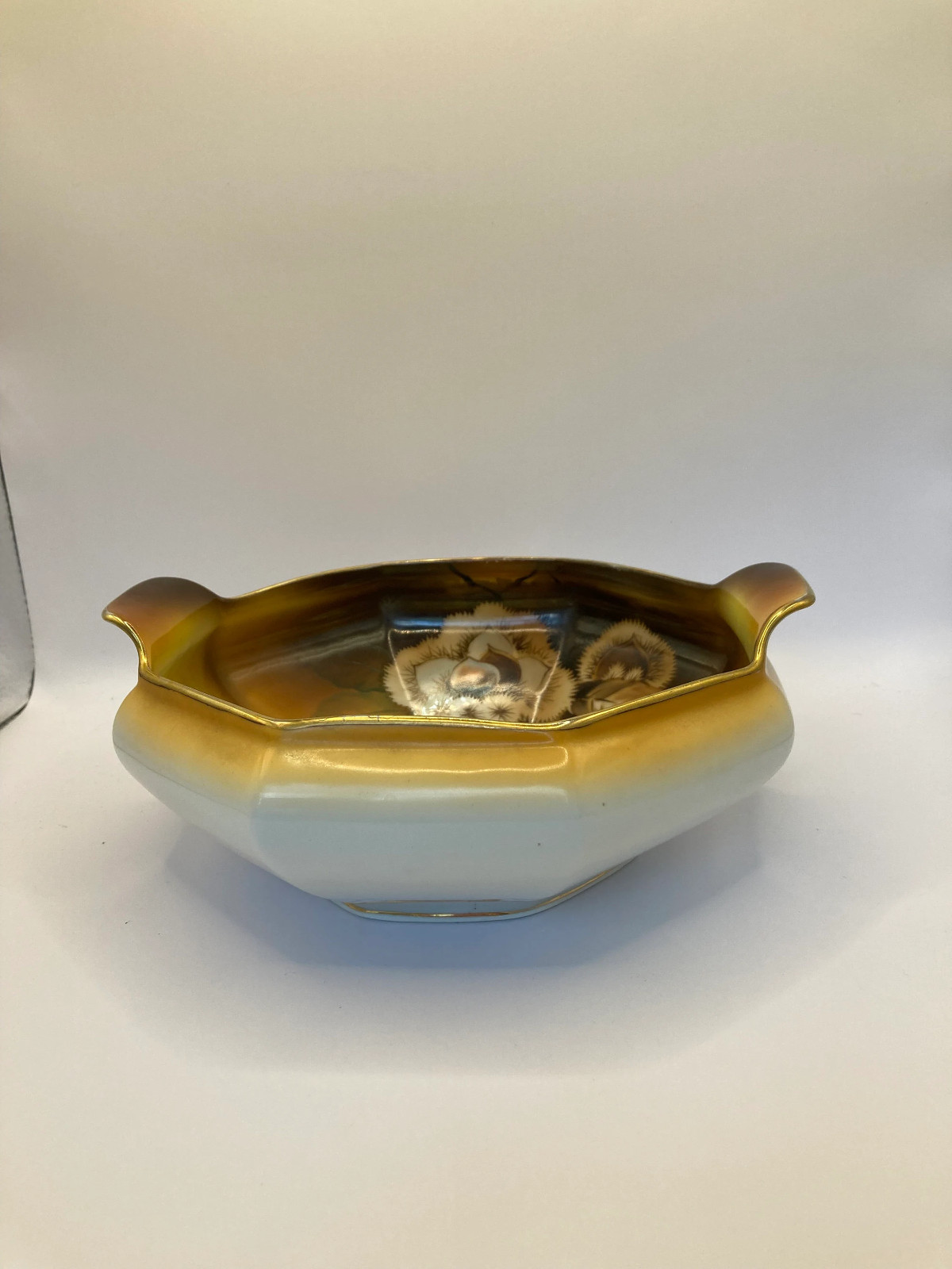 Nippon Octagonal Nut Bowl Handpainted Gold Trim with Handles 7 Inches