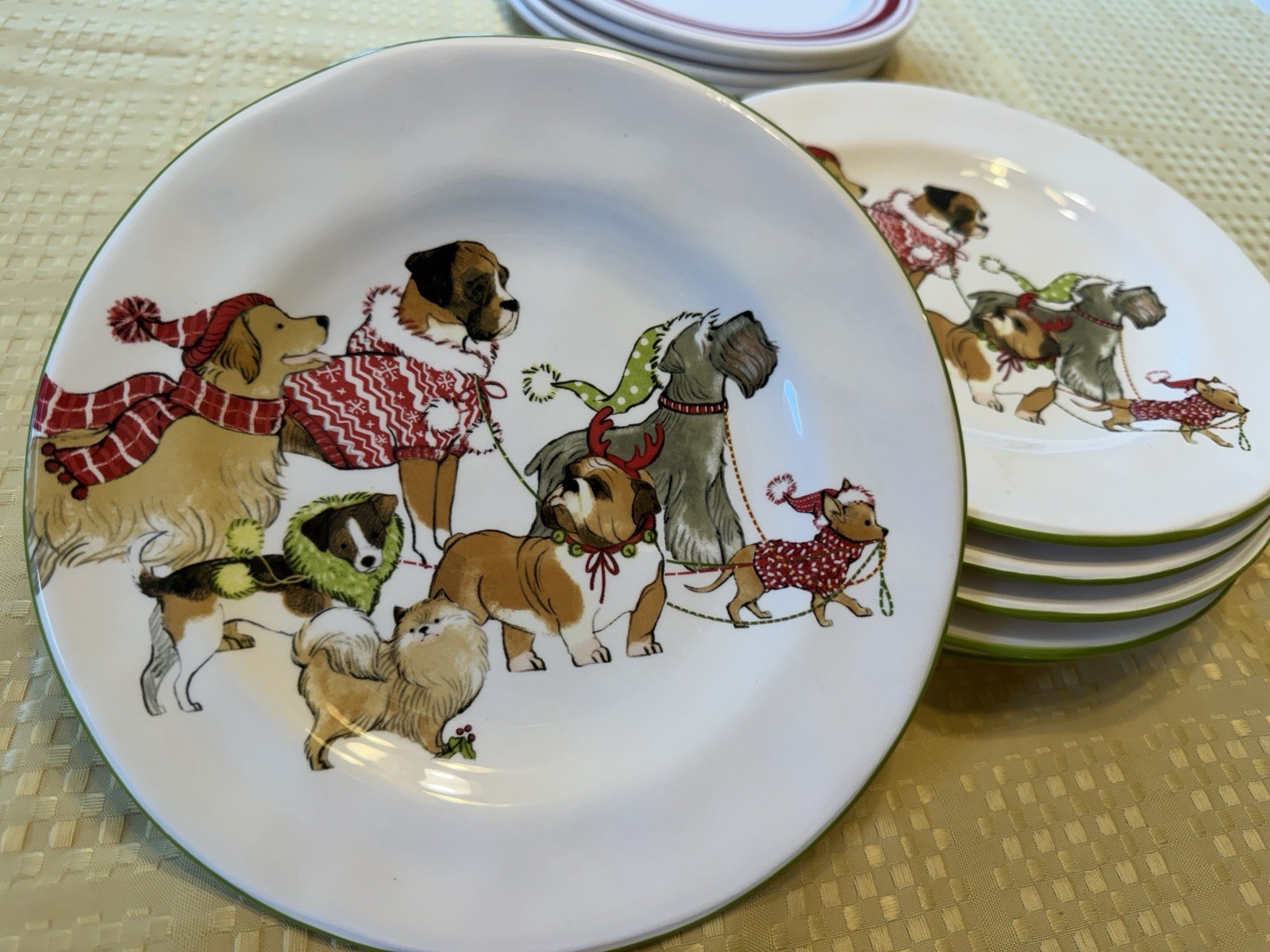 6 Vtg Pier 1 Imports “Park Avenue Puppies” Retired Plates Holiday Dining Christm