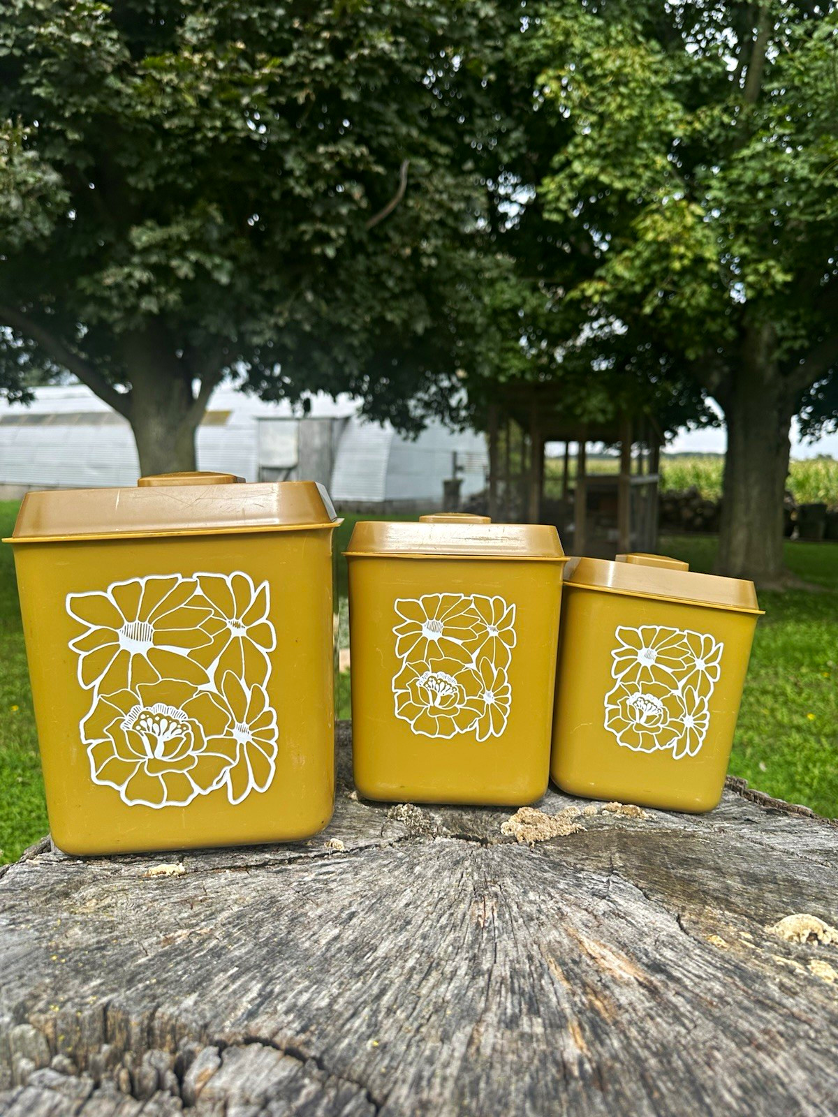 Vintage Plastic Floral 3-Piece Kitchen Canister Set Square w/ Lids Yellow