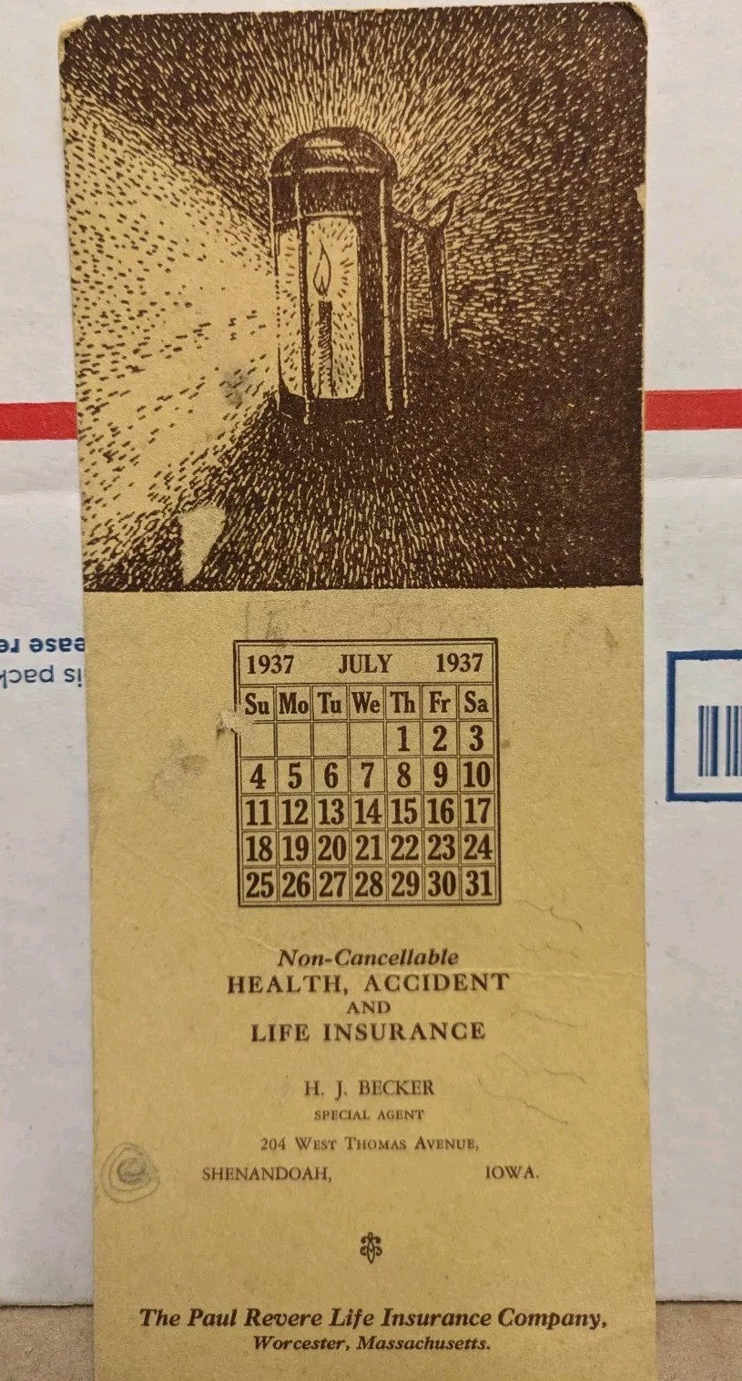 1937 H. J. Becker Agent Paul Revere Life Insurance Co Shenandoah Iowa IA Blotter
