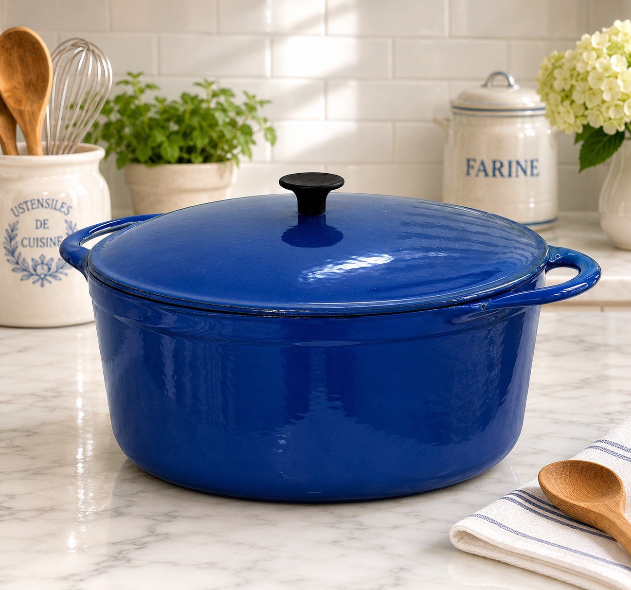 Rare Vintage Cousances France No.24 Blue Enameled Cast Iron Dutch Oven W/ Lid