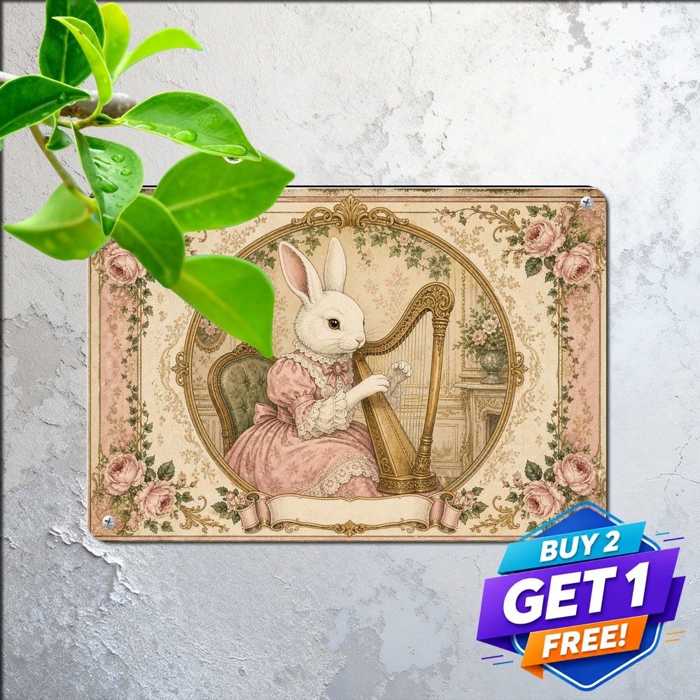 Victorian Easter Bunny Playing Harp Ornate Floral Frame Metal Sign