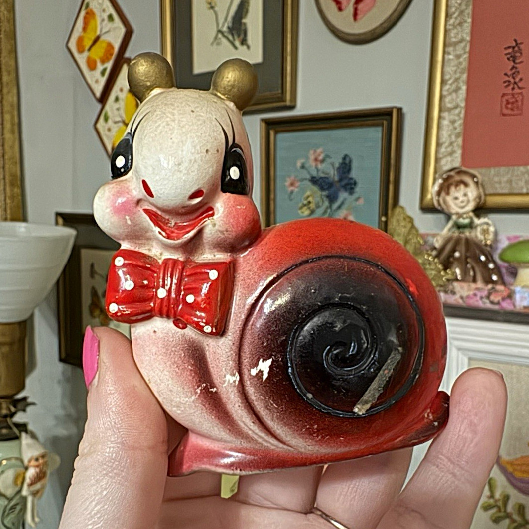 Vintage Ceramic Anthropomorphic Snail Shaker Bow Tie Kitschy 