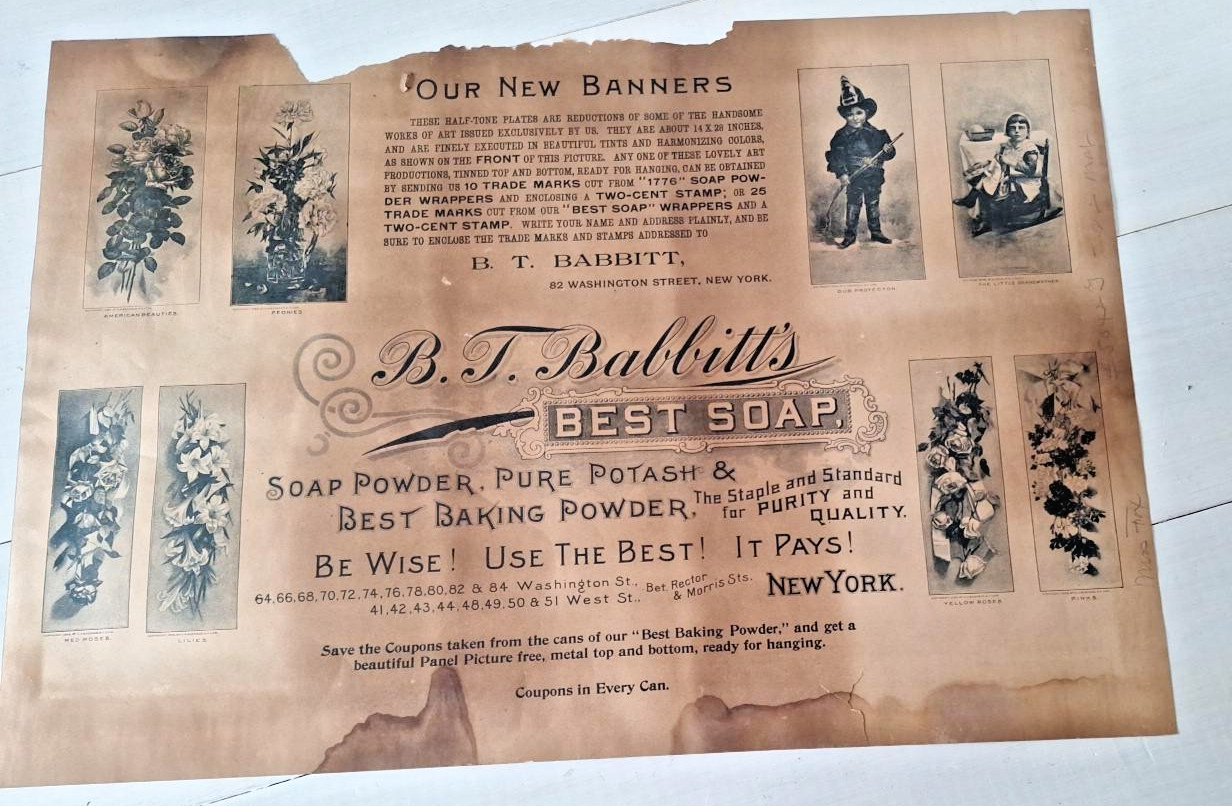Antique 1890s B.T. Babbitt Best Soap Double-Sided Lithograph Roses 21x14 Antique 1890s B.T. Babbitt Best Soap Double-Sided Lithograph Roses 21x14