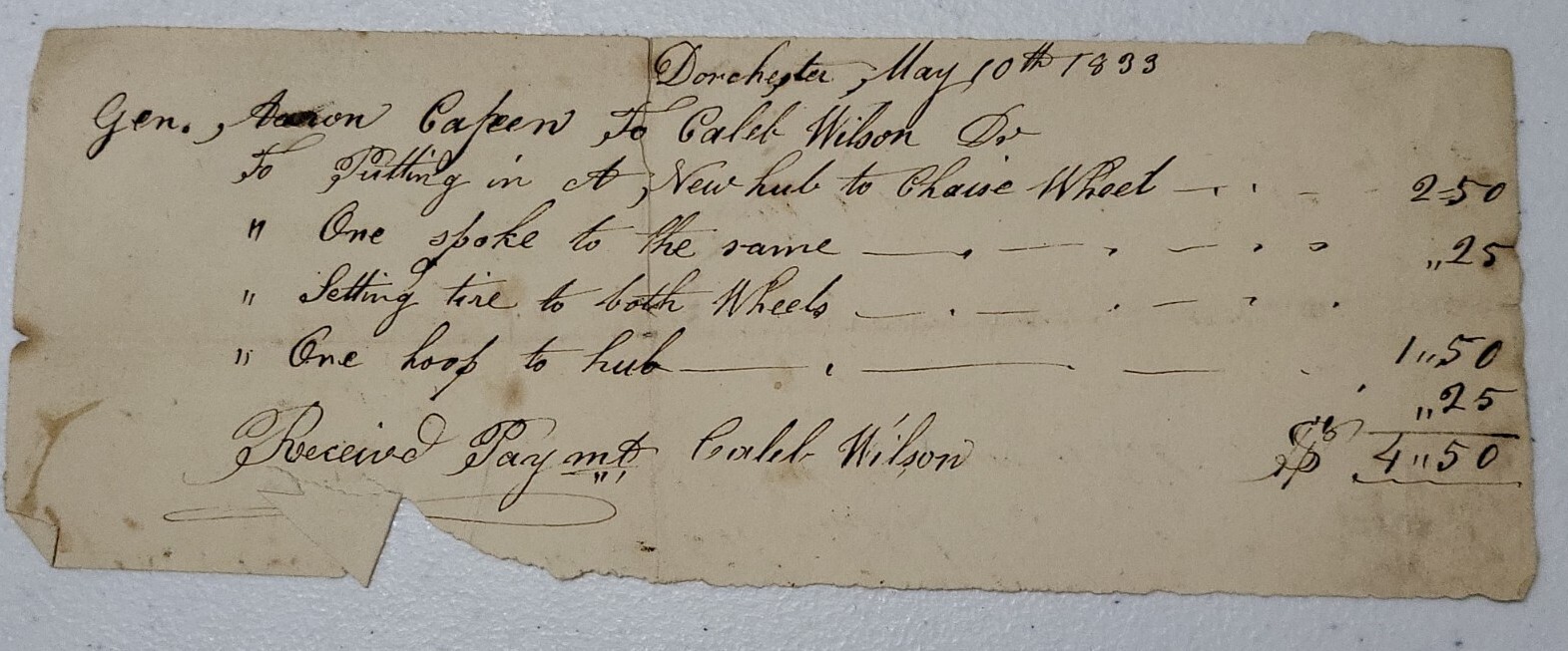 1833 MA Militia General Aaron Capen Caleb Wilson Chaise Wheel Bill Dorchester