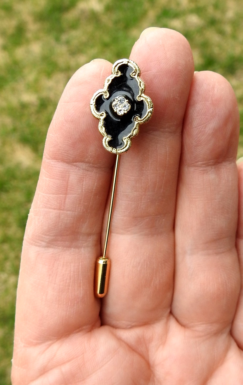 Vintage / Antique Diamonds & Black Enamel Gold Tone Stick Hat Pin 2 3/8”