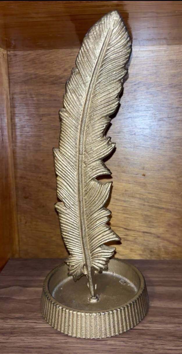 Antique Sand Cast Gold Japanned Applied Layer 12“ Feather Desktop Paperweight :)