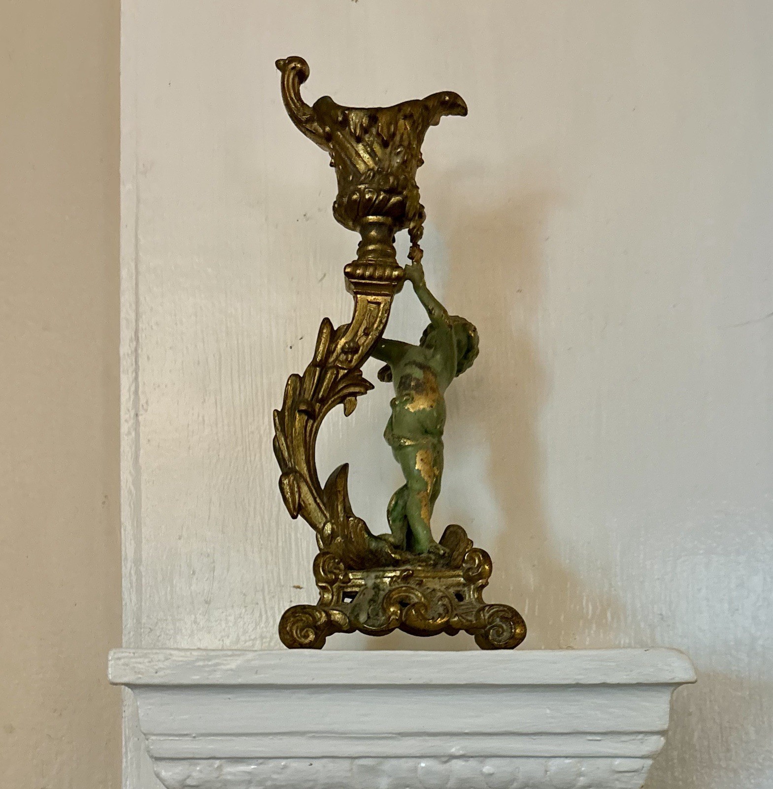 Antique French Gilt Bronze Cherub Putti Candlestick Holder Rococo 19th Century 