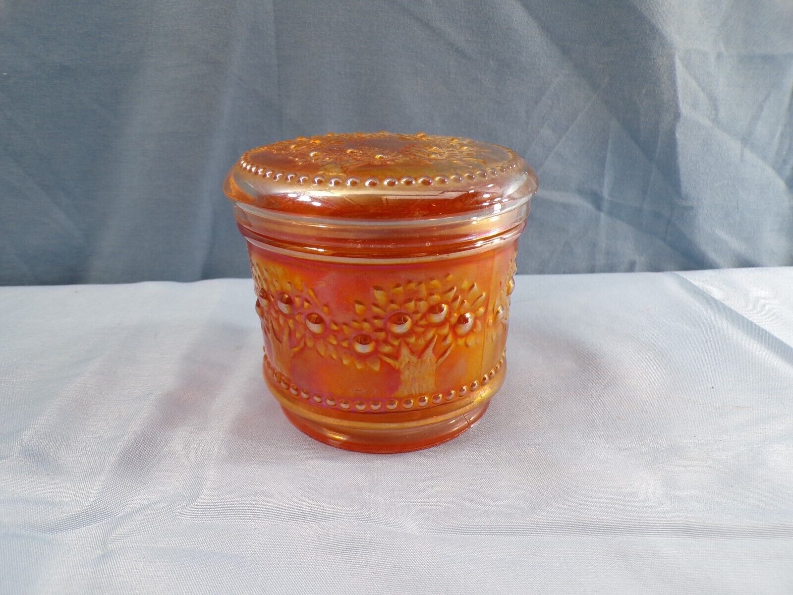 Fenton Marigold Carnival Glass Orange Tree Powder Jar Chips on Lid