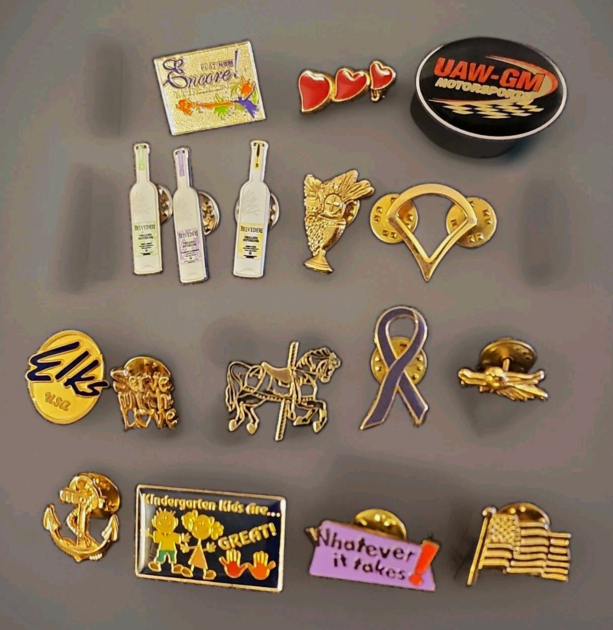 Lot of 17 Vintage Lapel Pins Belvedere Vodka UAW-GM Elks Club Carousel Enamel Lot of 17 Vintage Lapel Pins Belvedere Vodka UAW-GM Elks Club Carousel Enamel