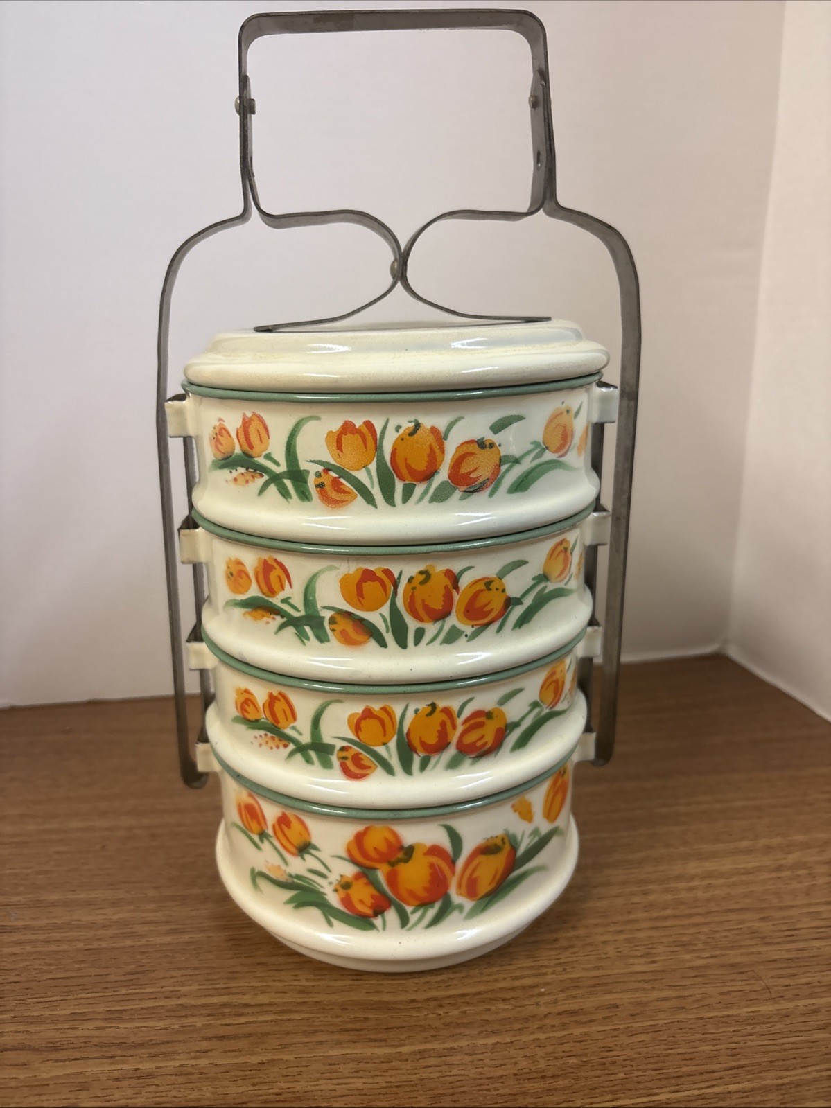 Vintage Shanghai Huafing Enamel Tiffin Carrier 4 Section Lunch Pail