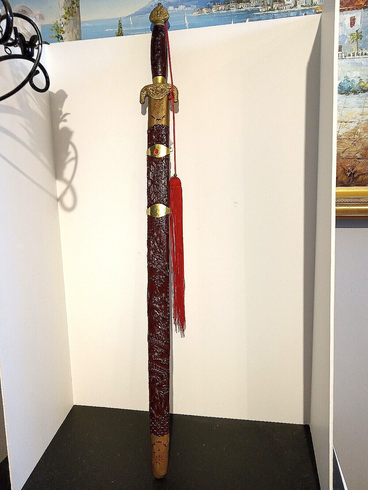 Chinese Vintage Tai Chi Jian Sword Carved Wood & Brass, Yin & Yang Chinese Vintage Tai Chi Jian Sword Carved Wood & Brass, Yin & Yang