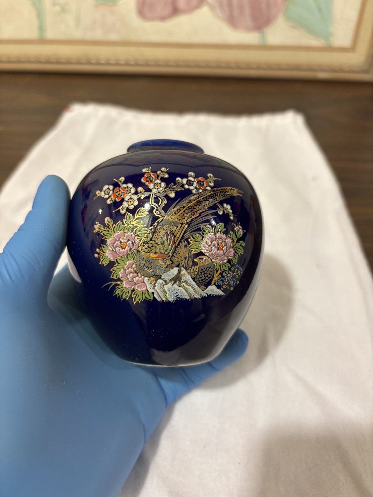 VintgAmita Kyoto Tokyo Japanese Cobalt Porcelain Vase with Gilded Pheasant Motif