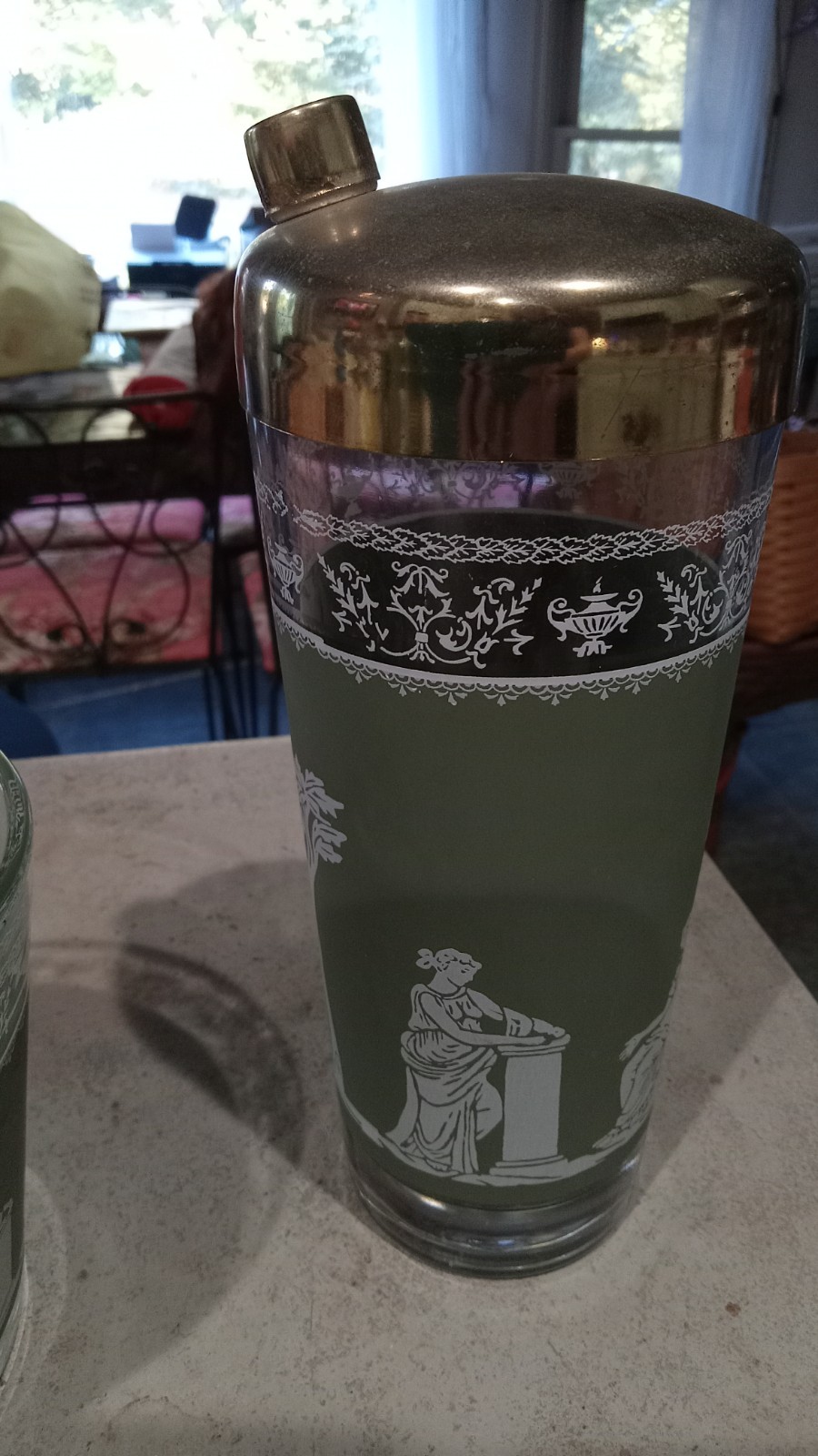 Vtg Jeannette Glass Hellenic Green Cocktail Shaker Gold Lid Grecian MCM Barware 