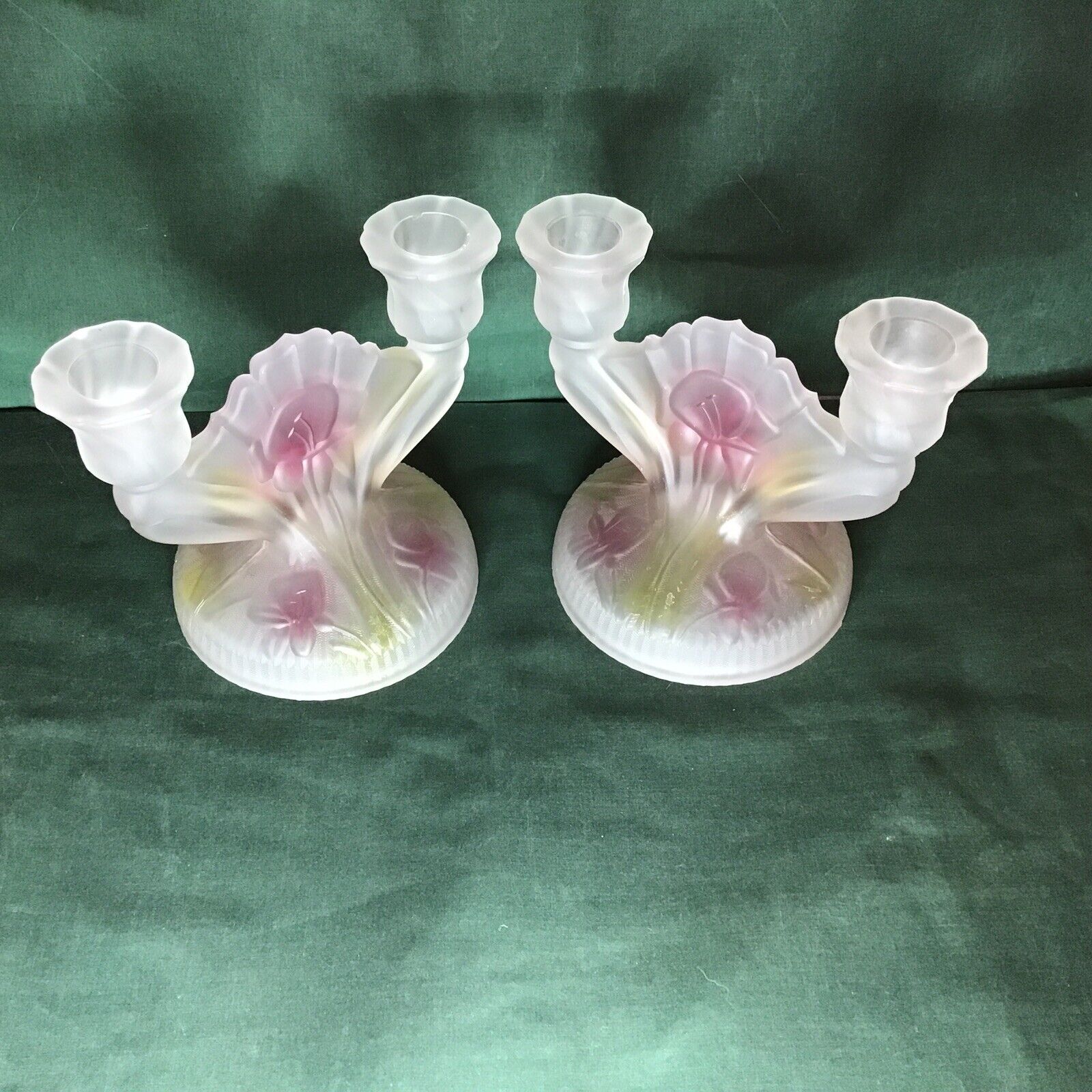 Vintage Jeanette Glass Double Iris And Herringbone Frosted Candle Holder