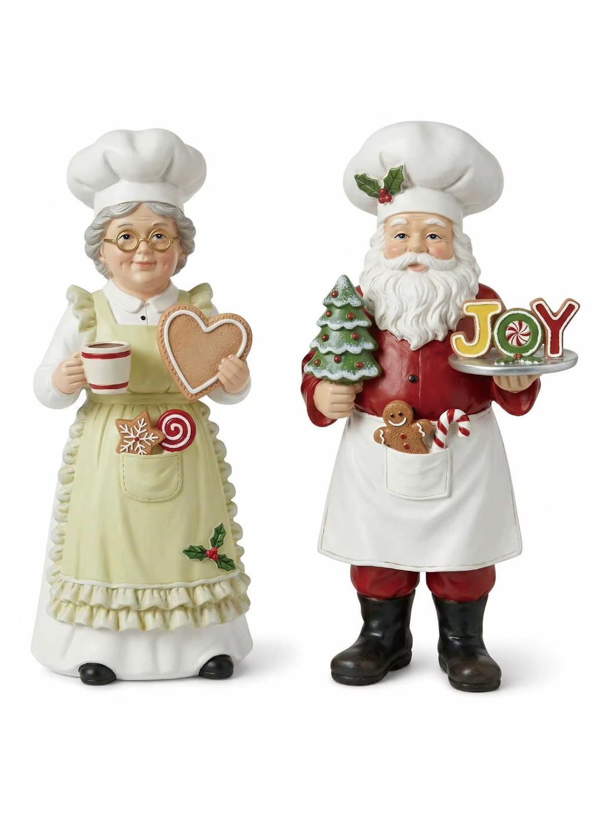 2pc Chef Santa Claus and Mrs Claus wooden figurines Christmas ornament set
