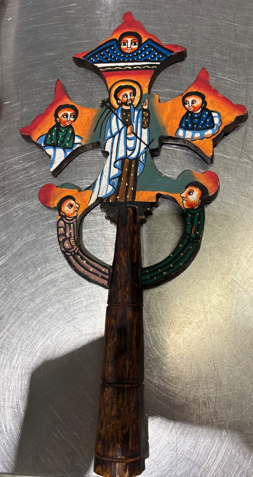 Vintage Ethiopian Orthodox Blessing Cross Hand Carved Painted Wood Icon Art Vintage Ethiopian Orthodox Blessing Cross Hand Carved Painted Wood Icon Art