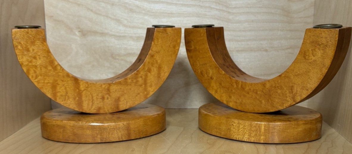 Vintage Pair Wooden Double Candle Holder MCM Retro Modern U-Shaped Curly Maple?