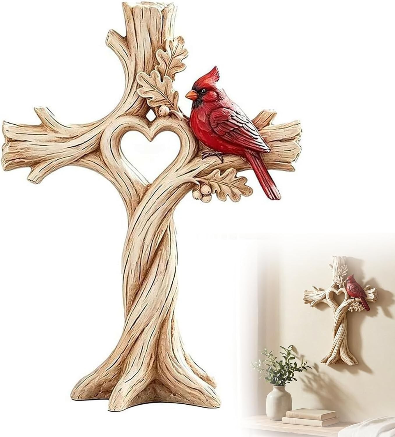 Cardinal Heart Tree Cross Hand-Carved Solid Wood Garden Decor Cardinal Heart Tree Cross Hand-Carved Solid Wood Garden Decor