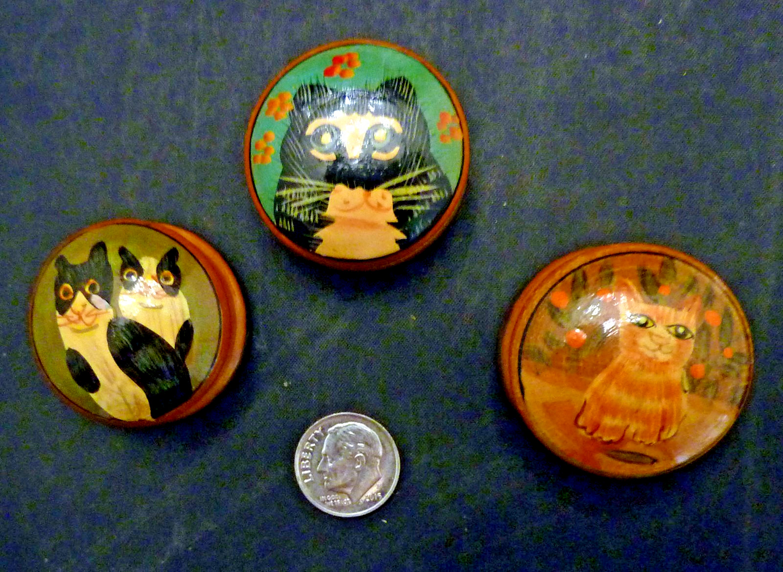 3 Vintage Wood Hand Painted Trinket Pill Boxes - Kitty Cat Collectible Mini