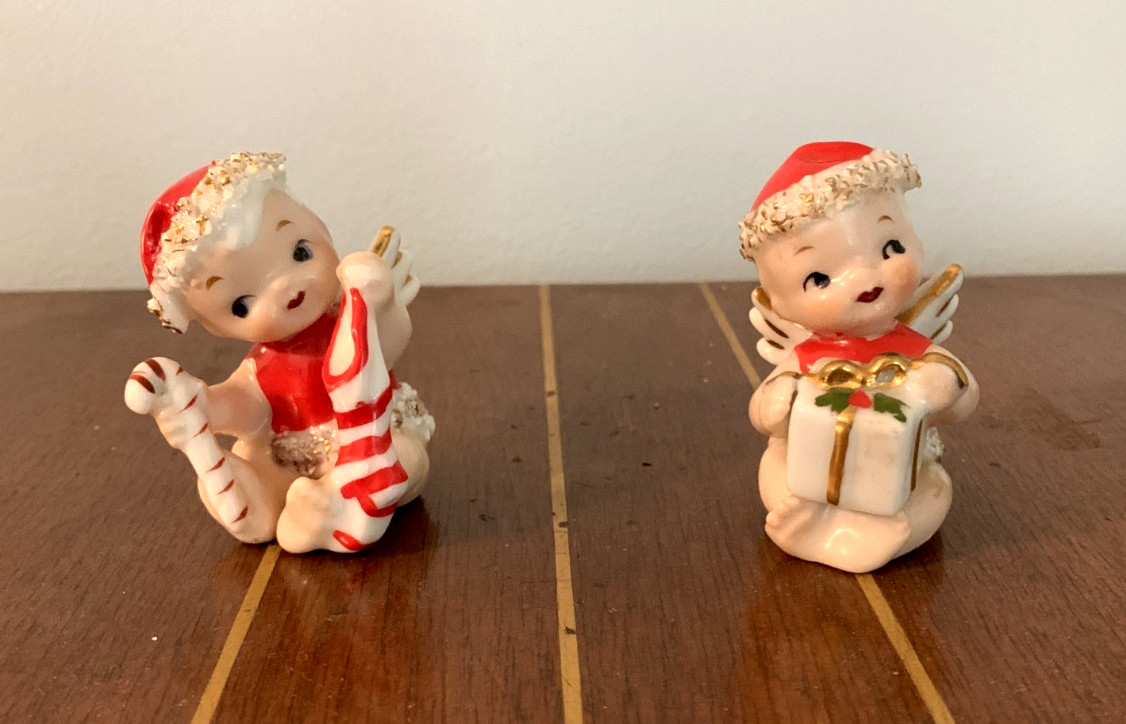 2 Vintage Christmas Baby Angel Spaghetti Trim Figurines 1950's By Lefton