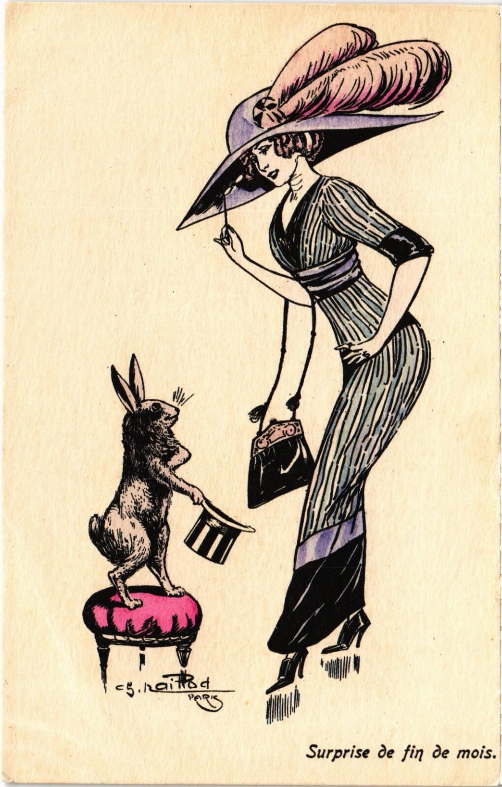 PC ARTIST SIGNED, GLAMOUR LADY WITH A RABBIT, Vintage Postcard (b51230)