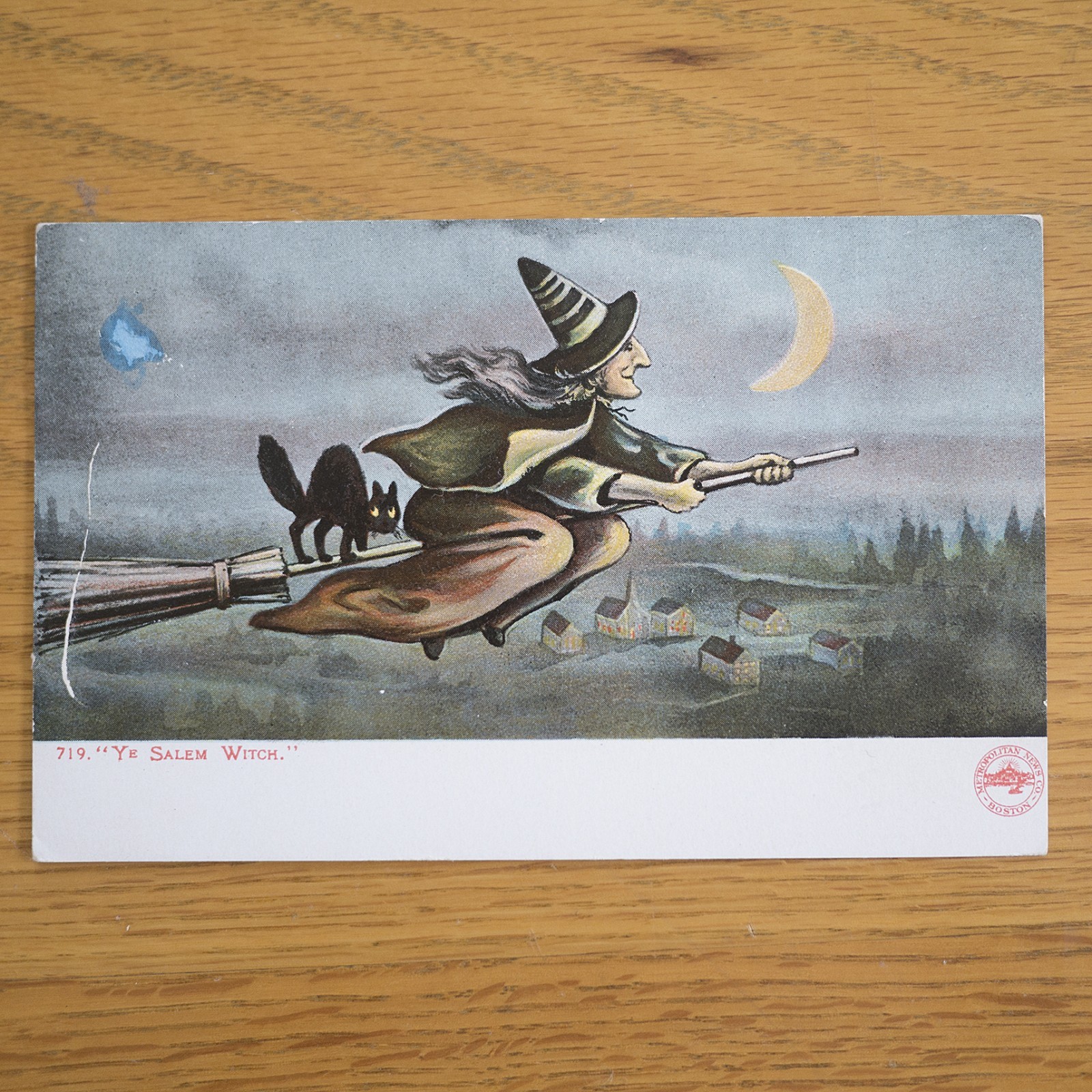 1906 RARE ORIGINAL ANTIQUE HALLOWEEN POSTCARD SALEM WITCH BROOM BLACK CAT MOON
