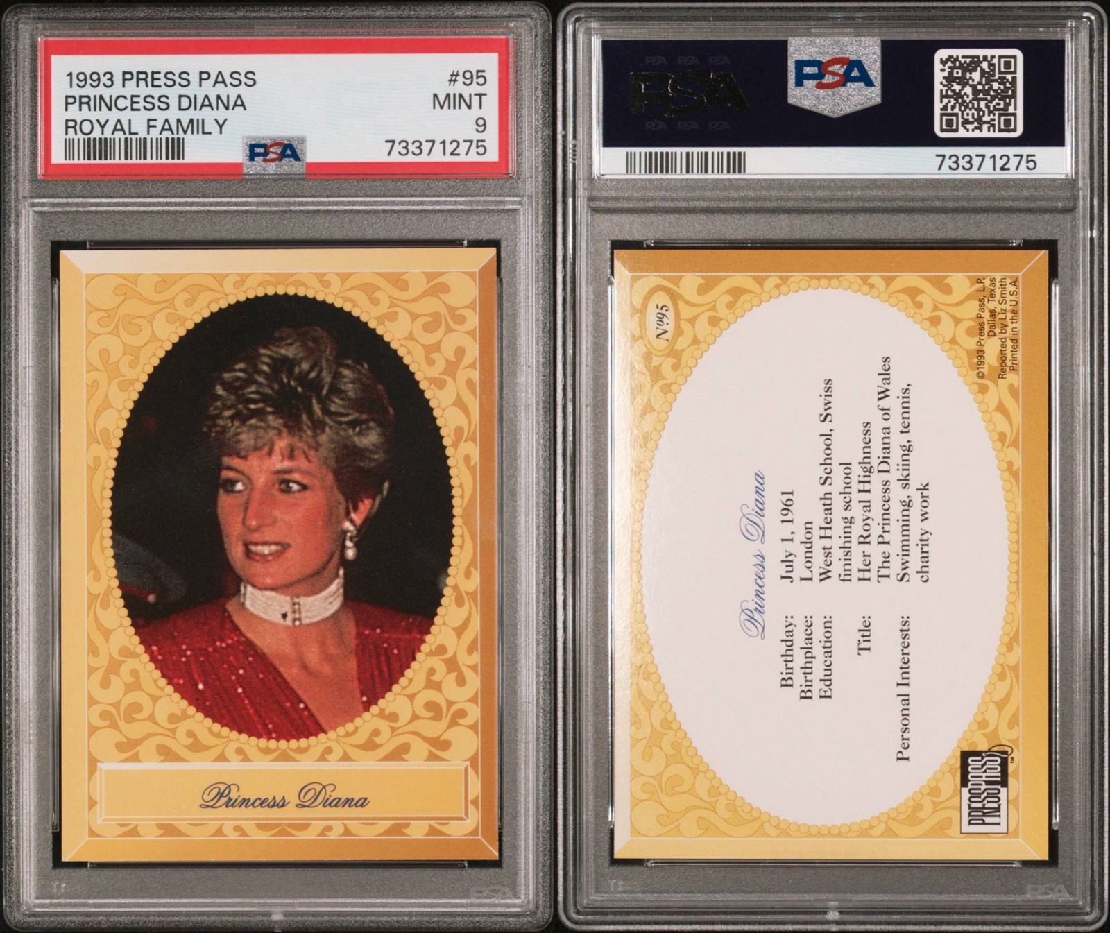 PSA 1993 Press Pass Princess Diana Royal Family #95 (Mint 9)
