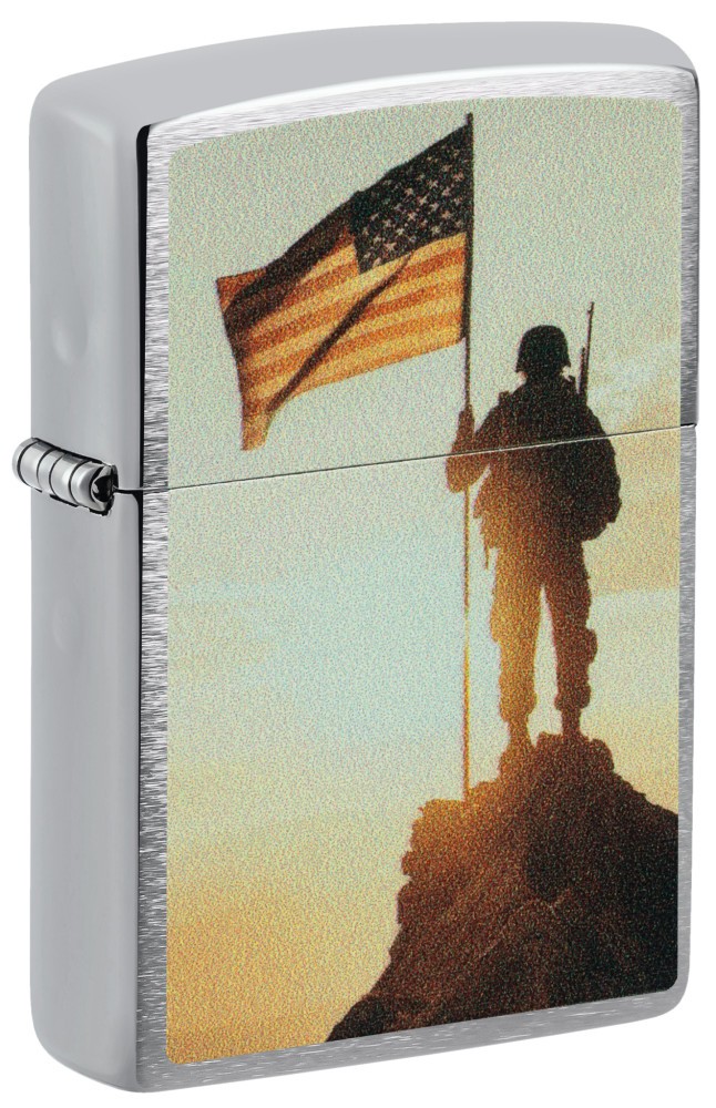 Zippo Soldier and Flag Design Brushed Chrome Windproof Pocket Lighter, 46828 Zippo Soldier and Flag Design Brushed Chrome Windproof Pocket Lighter, 46828