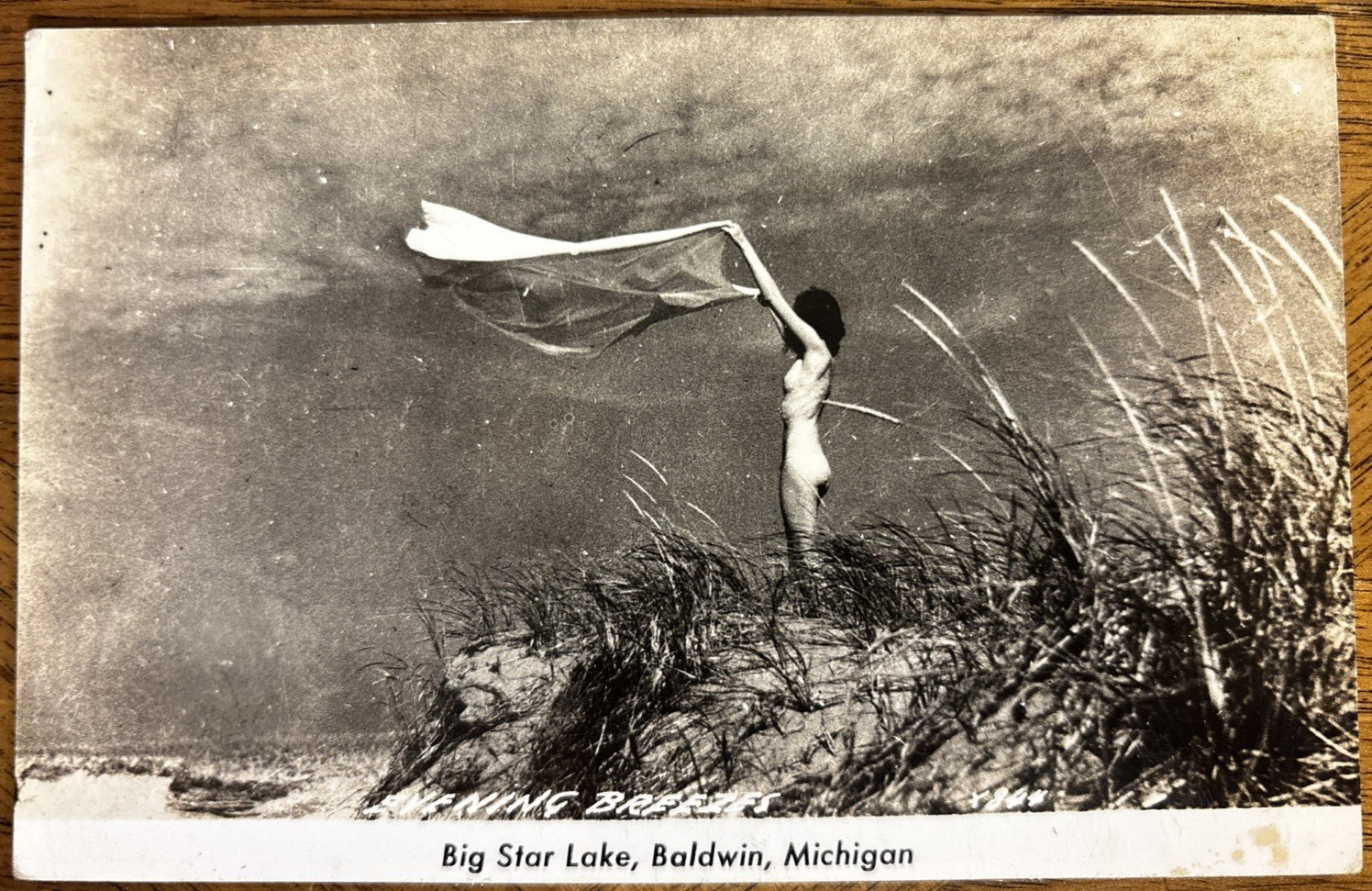 RPPC Vtg Postcard Sexy Lady Windy Sand Dune Greetings from Baldwin, Mich.