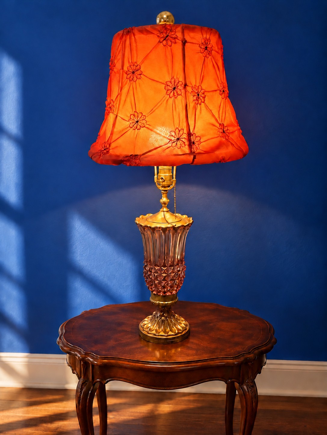 VTG 60s Ruby Red Cranberry Cut  Clear Glass Table Lamp Fabric Shade MCM