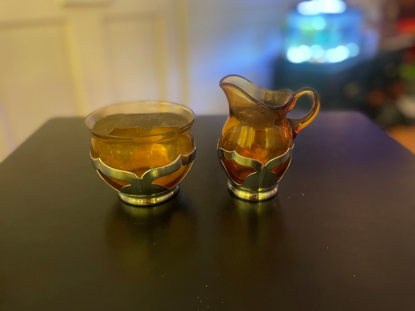 Vintage Farber Bros Krome Kraft Amber Glass Creamer Sugar Bowl Set Art Deco NY [