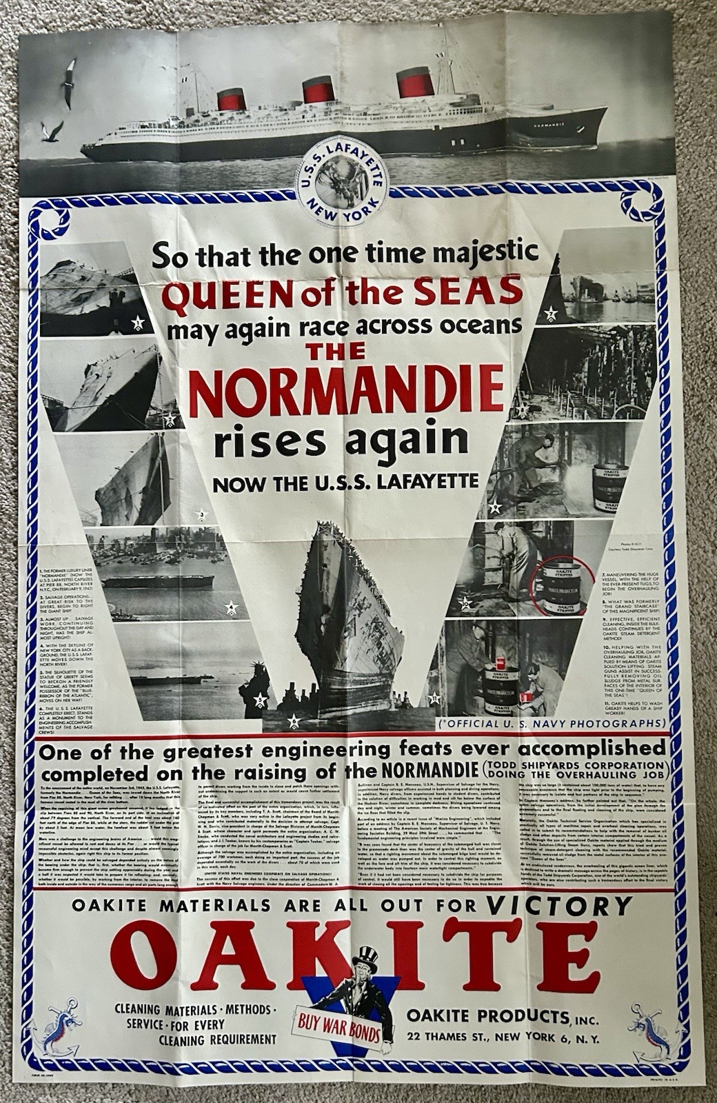 Original 1943 WWII Poster Normandie Rises Again USS Lafayette Oakite 26 X 41”