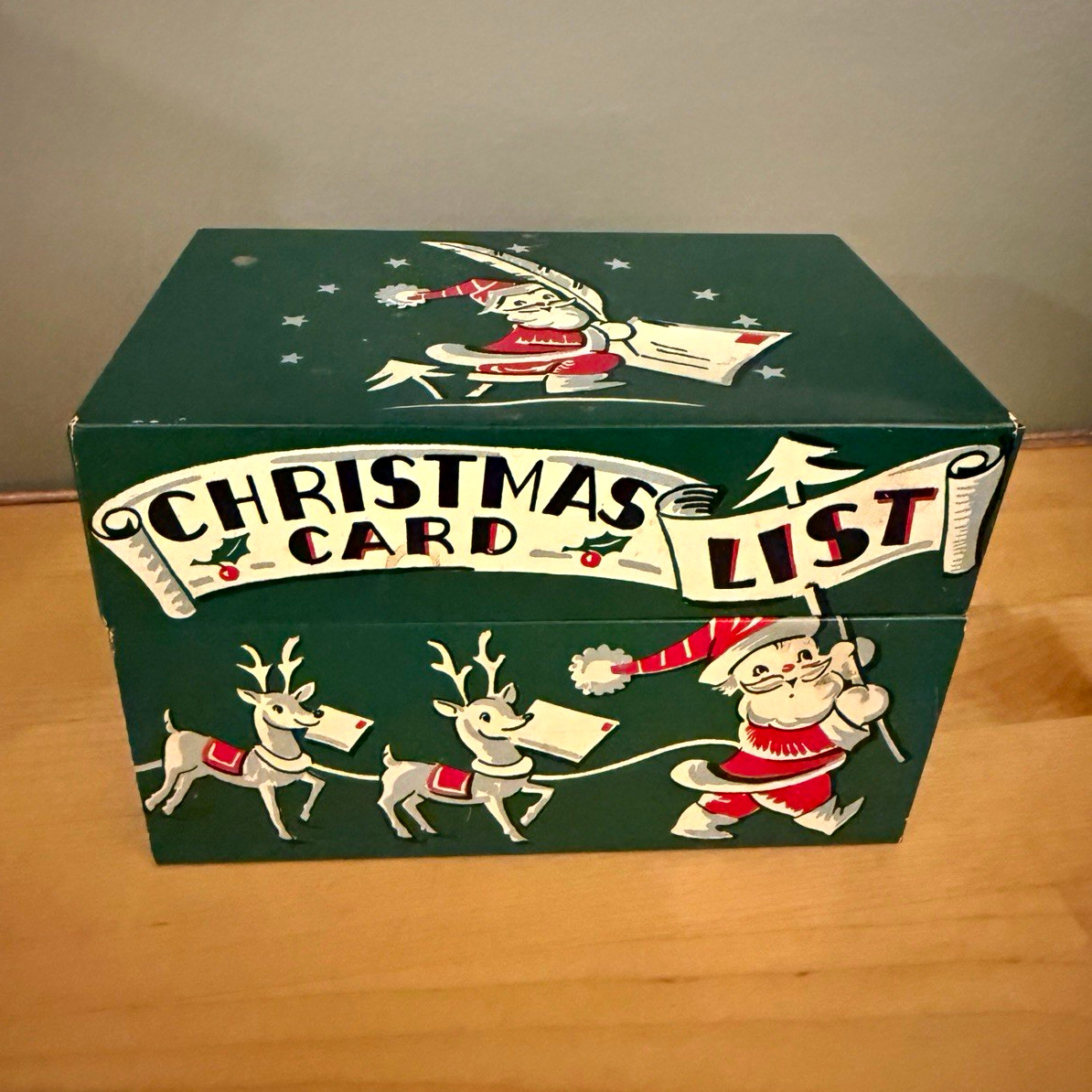 Vintage 1950s Stylecraft Christmas Card List Tin Box Santa Reindeer No 804