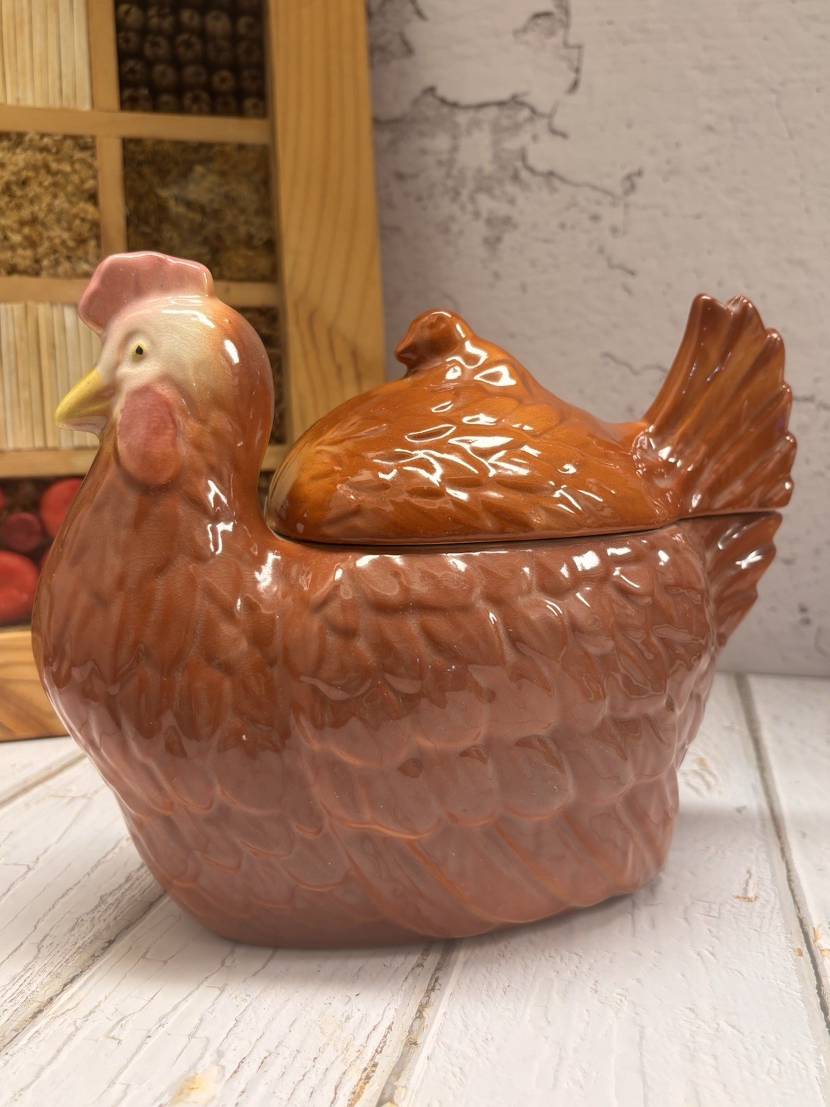 VTG FAPCO USA Ceramic Hen Chicken Cookie Jar Brown Shabby Cottage Core Grandma VTG FAPCO USA Ceramic Hen Chicken Cookie Jar Brown Shabby Cottage Core Grandma