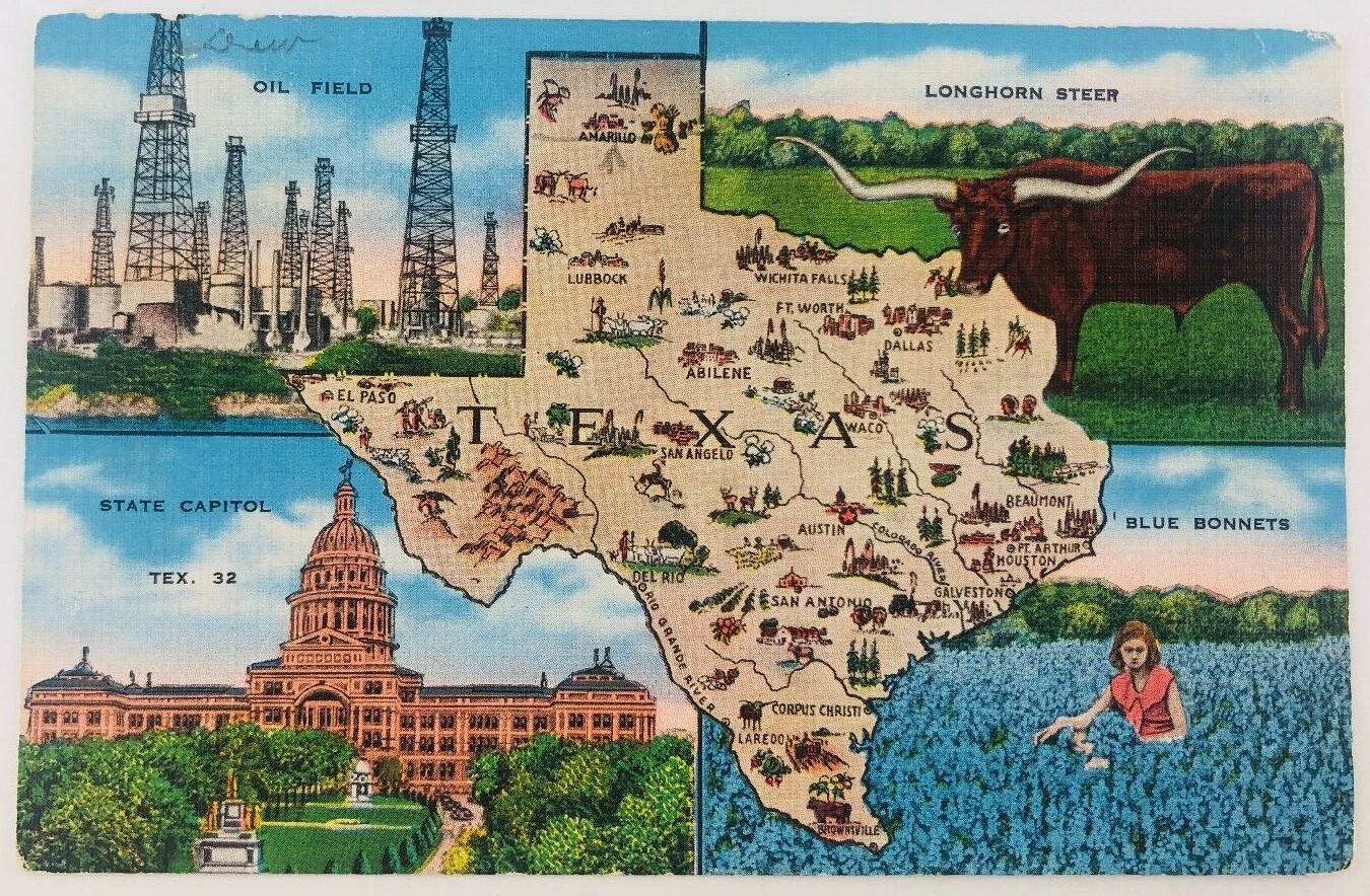 Vtg Texas TX Texas Map With State Capitol Longhorns Oil Field Linen 1940