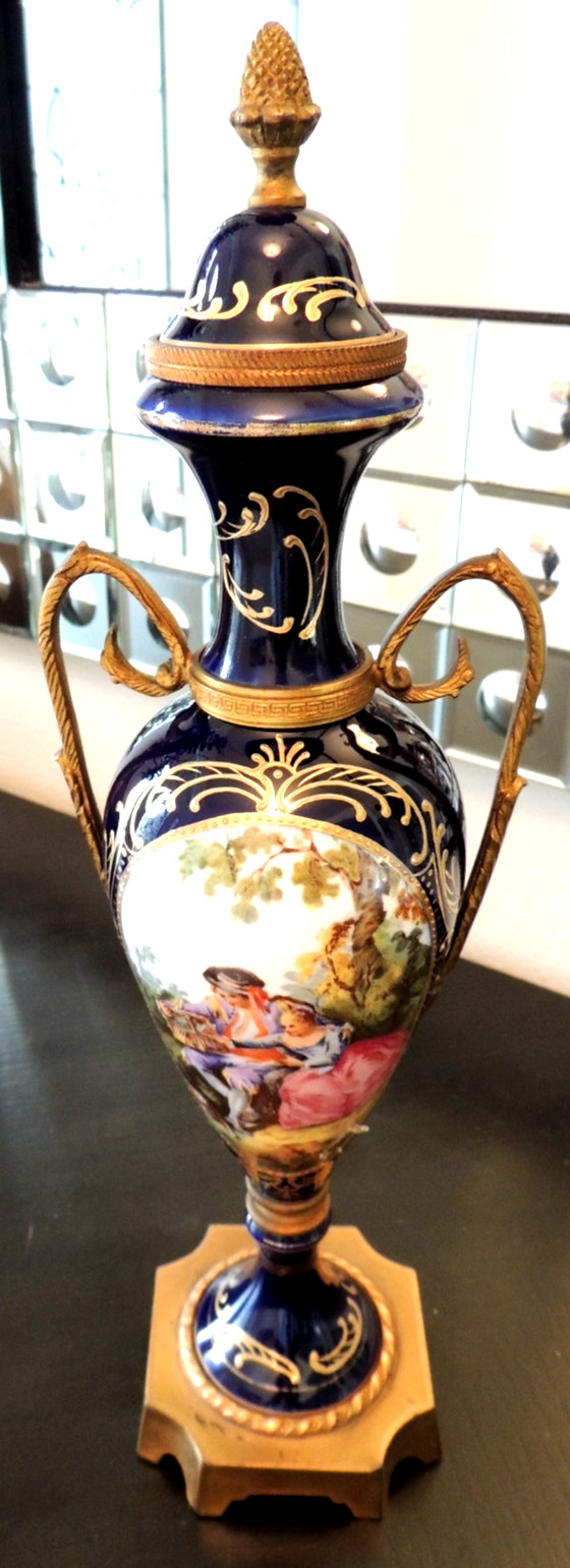 Antique French Gilt Metal base Mounted Hand Painted Porcelain Vase 14”  France
