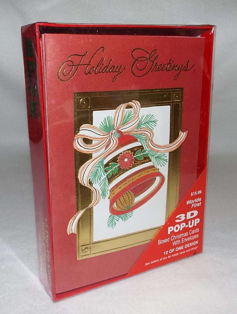 12 Vintage1999 Christmas Cards 3-D Pop-Up Jingle Bells Boxed Set w/Envelopes NOS