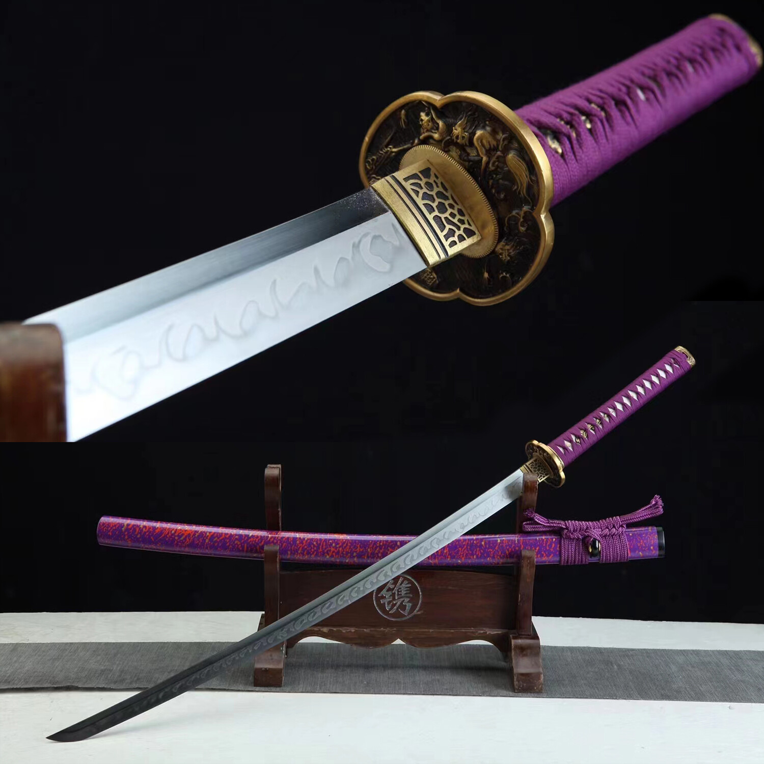 All Purple Hand Polished T10 Clay Tempered Japanese Samurai Katana Sword 