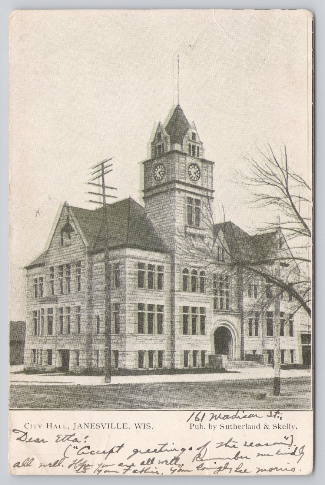 c1905 City Hall Clock Tower Janesville WI Wisconsin Antique Postcard