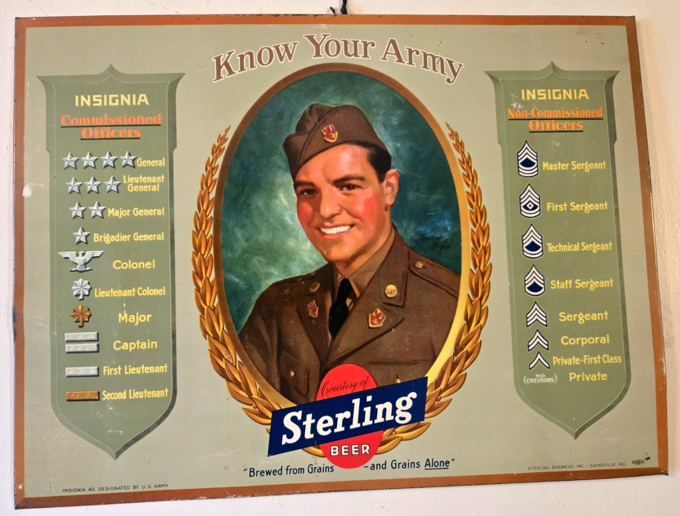 STERLING BEER TOC 20X15 Tin Over Cardboard Sign Evansville IN U.S. ARMY Insignia STERLING BEER TOC 20X15 Tin Over Cardboard Sign Evansville IN U.S. ARMY Insignia