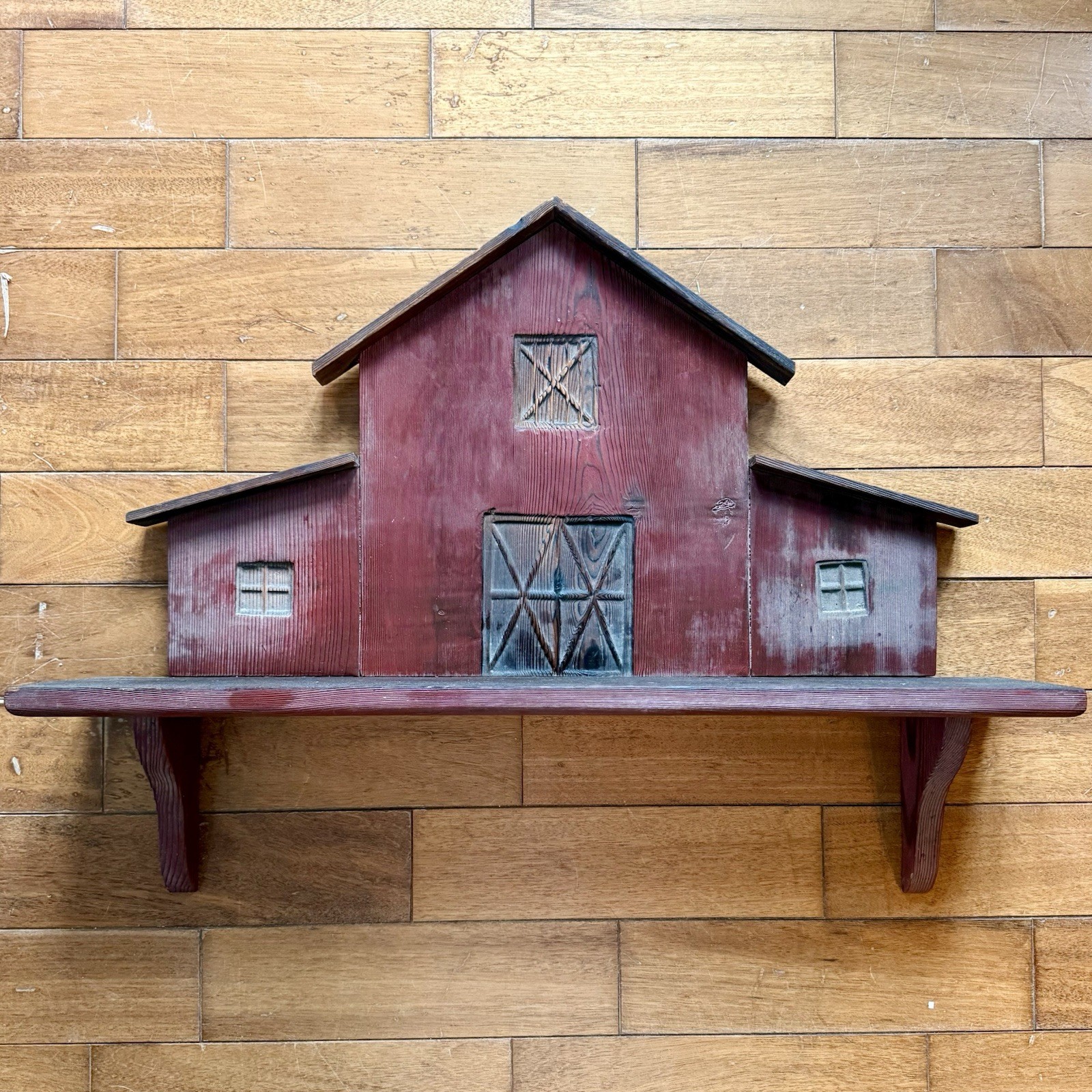 VTG Handmade Wood Wooden Rustic Red Stain Barn Shelf Farm Farmhouse Country 26\